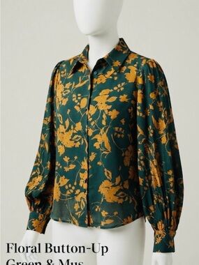 Floral Button-Up Blouse - Dark Green & Mustard